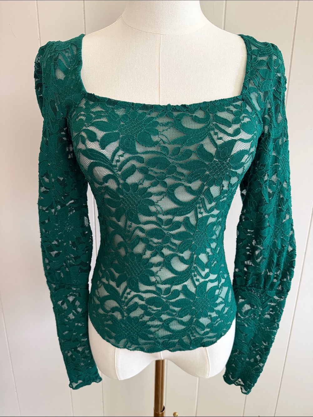 Free People Intimately Emerald Green Lace Sheer Top Size Small Whimsigoth Fairy